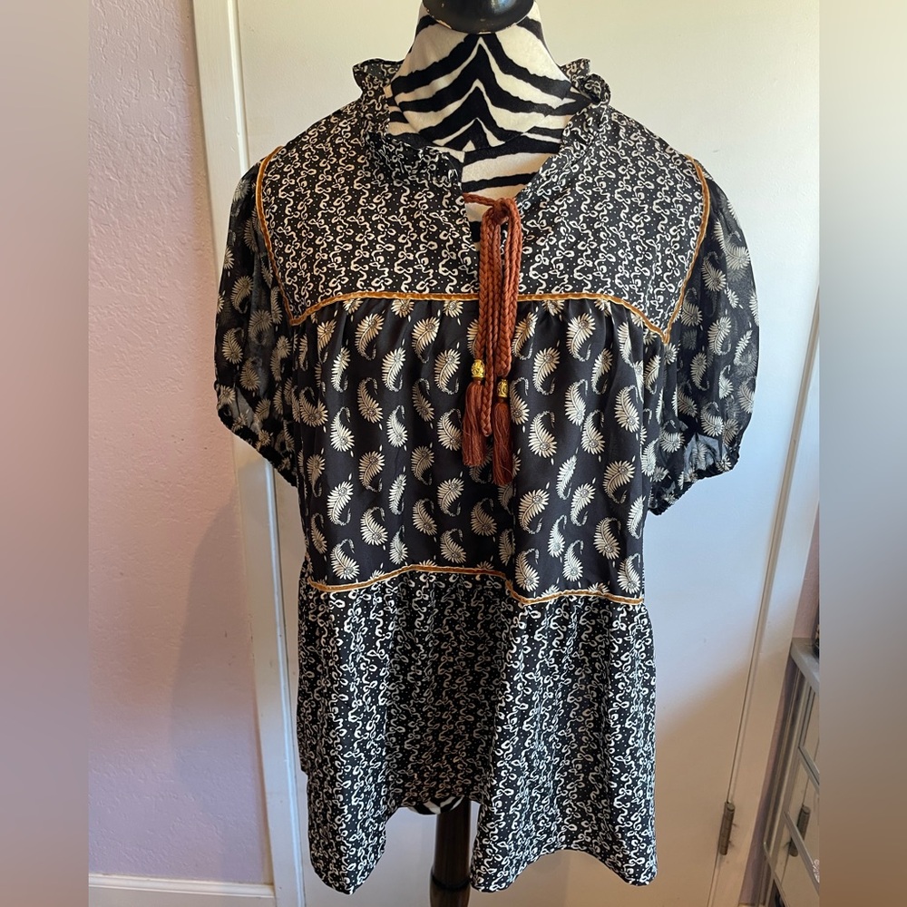 Rain Black and White Blouse with Brown Tassel Accents